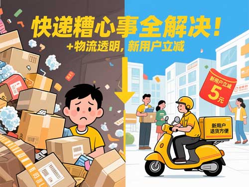 快递糟心事全解决！物流透明 + 退货方便，新用户立减 5 元